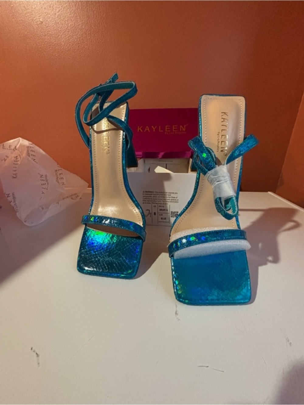 KAYLEEN By Los Angeles Briar Blue Iridescent Strappy Block Heel Sandals